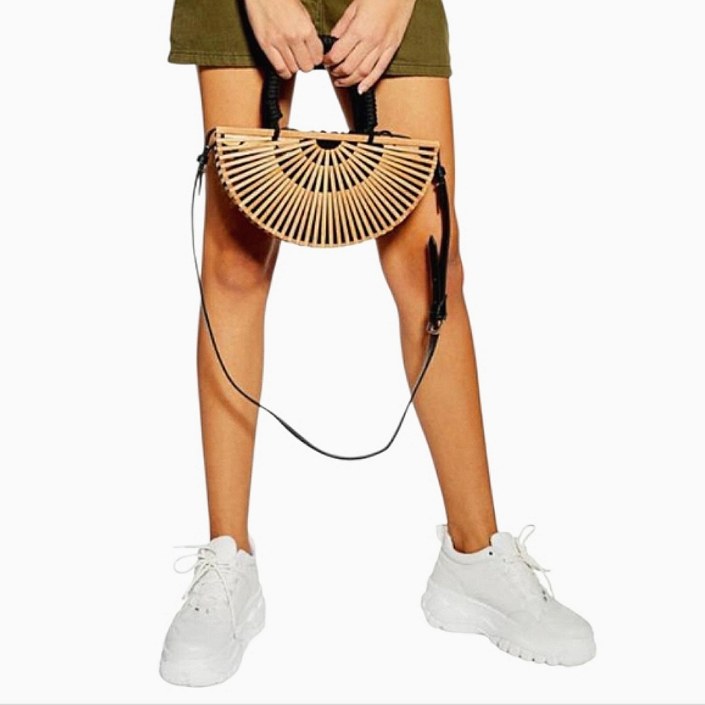 Half Moon Bamboo Open Crossbody Bag In Natural Wood w/ Contrasting Black Handles